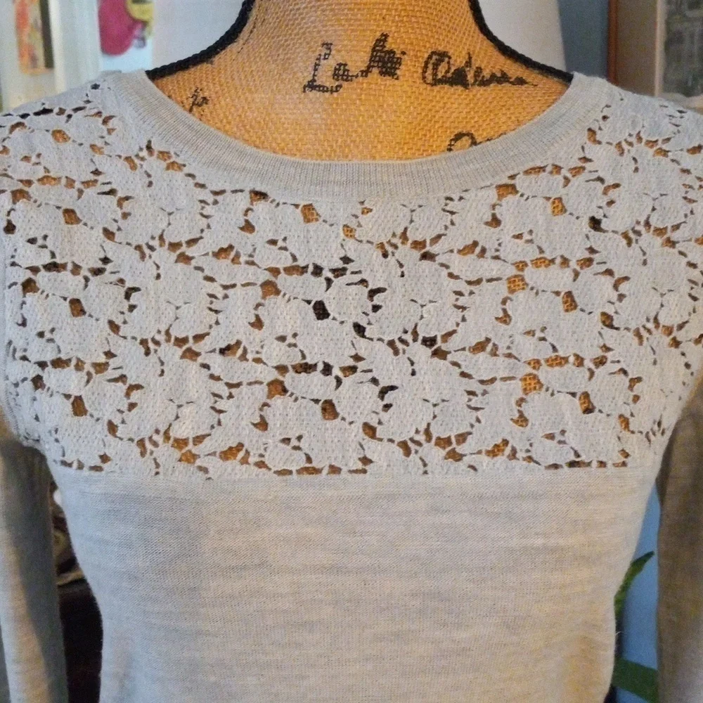 J. Crew Heather Grey Merino Wool Sweater with Floral Chest Cutouts